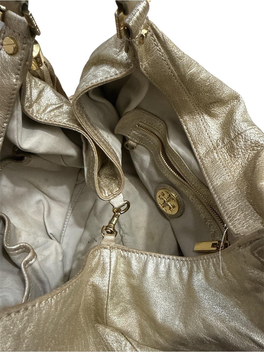 Tory Burch Metallic Gold Leather Shoulder Hobo with Tassel and Mirror Charm - Picture 7 of 8